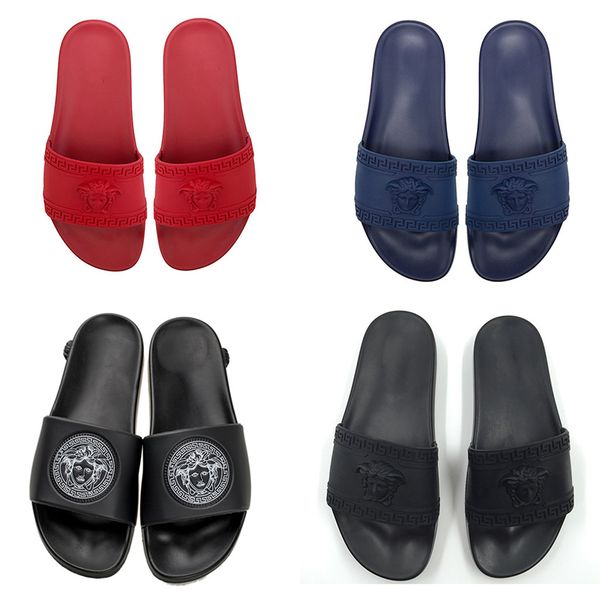 

2019 Fashion Luxury Women Designer Slippers New Medusa Relief Sandals Red Black Flats Bottoms Slides Outdoor Casual Shoes Size 36-46