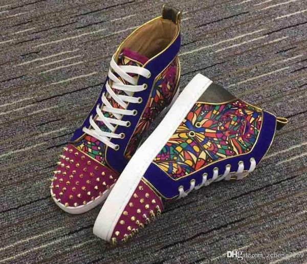 

2019 fashion brand design men's studded shoes flat red bottom sneakers spiked flower leather graffiti high trainers outdoor walking, Black