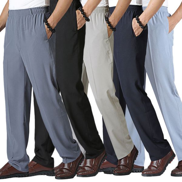 

men's quick dry ice slacks pants summer thin elastic waist trousers male trousers loose movement jogger pants black blue gray