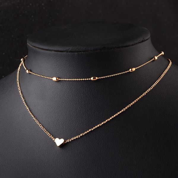 

love heart jewelry heart pendant necklace metal ball beads necklace double chain for women girls choker gifts, Silver