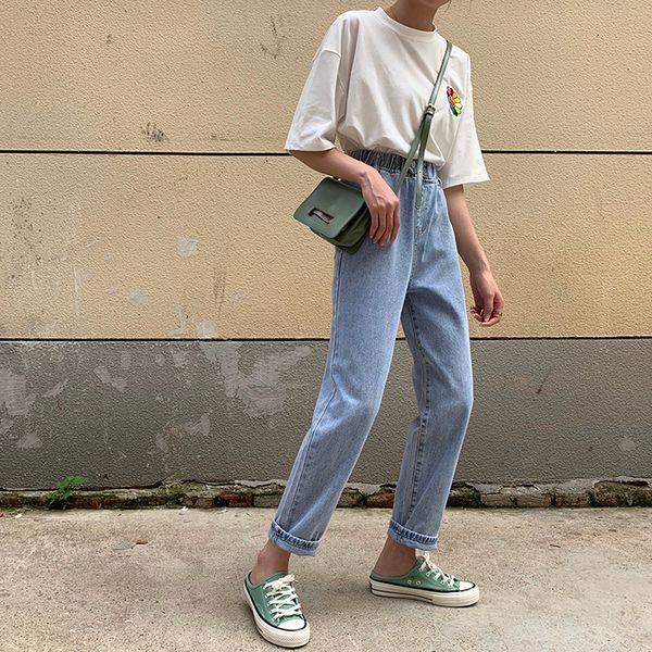 

light blue tall waist tight elastic jean outer wear long pants