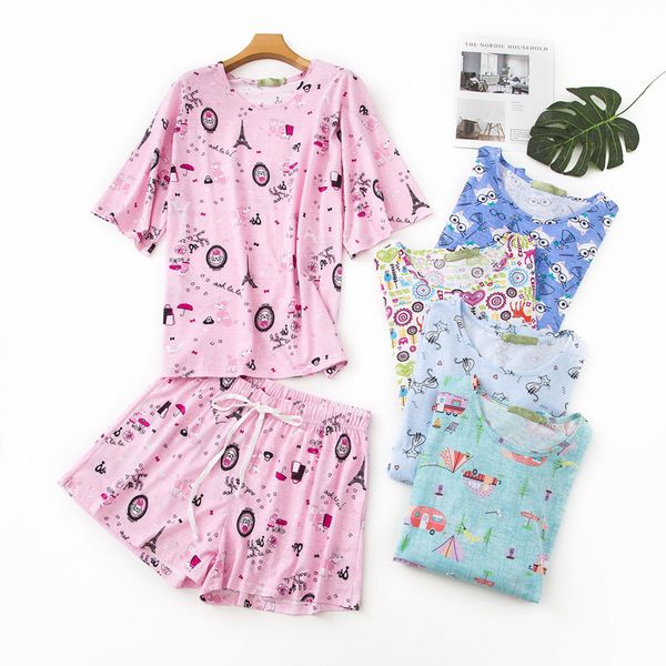 

new pajama set summer 100% cotton cute cartoon short sleeves shorts pyjamas women two piece plus size round neck pijama, Blue;gray