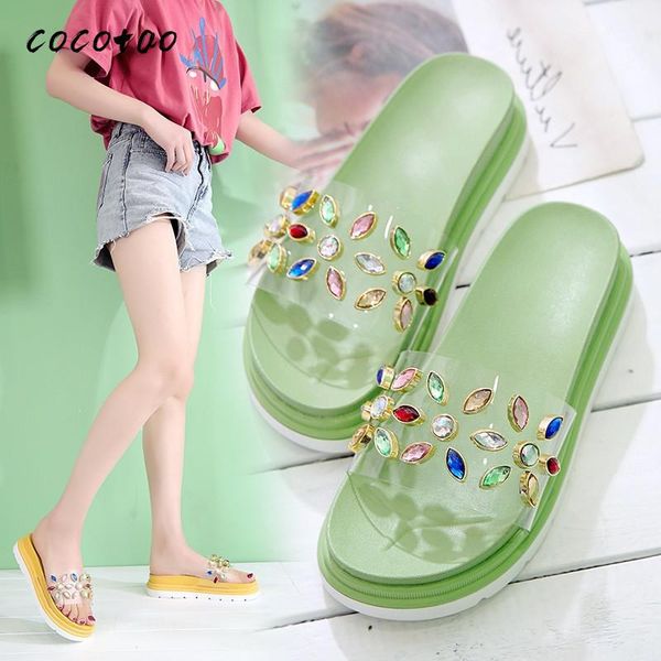 

rhinestone slippers women summer fashion wear ladies thick bottom 2020 new muffin lazy shoes sandals slippers women, Black