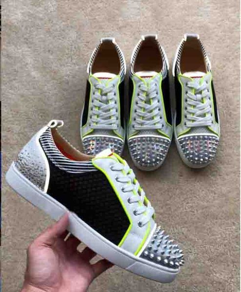 

italy brand paris men junior spikes flat shoes red bottom couple flats,luxury genuine leather colorful glitter junior low trainers sale, Black