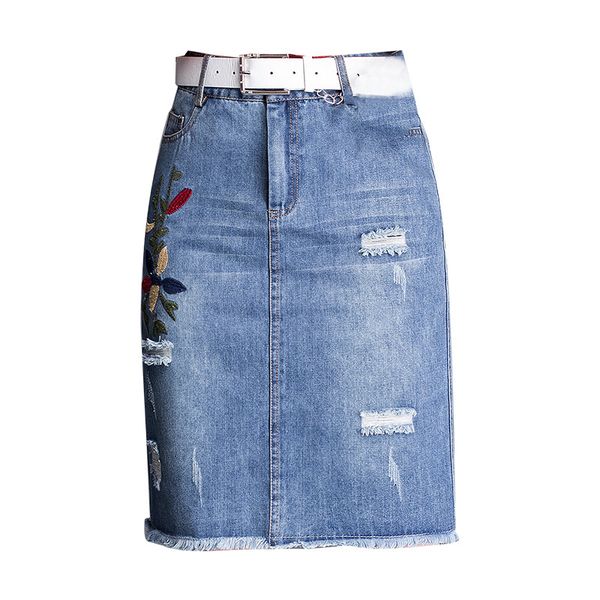 

1252 shredded women denim skirt female 2019 spring and summer new embroidered skirts slim bag hip denim blue m-4xl, Black