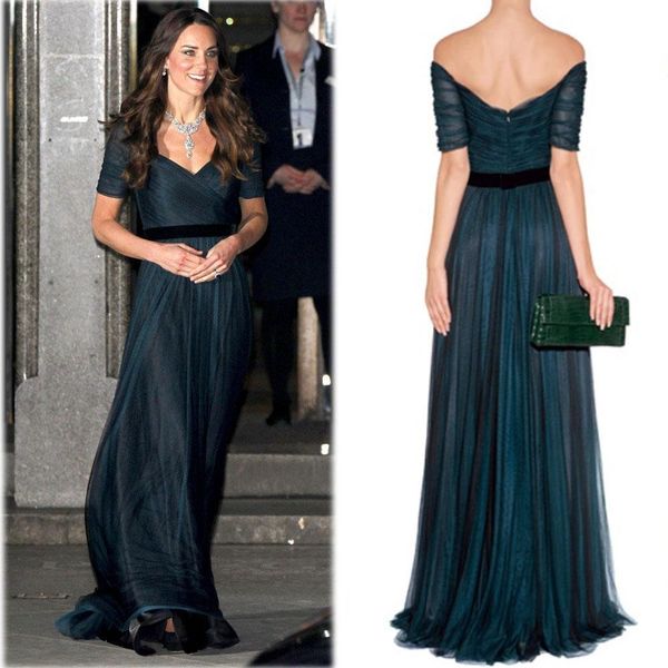

kate middleton a line evening dresses ink blue off the shoulder ruched tulle celebrity dresses 2019 formal prom gowns with belt, Black;red