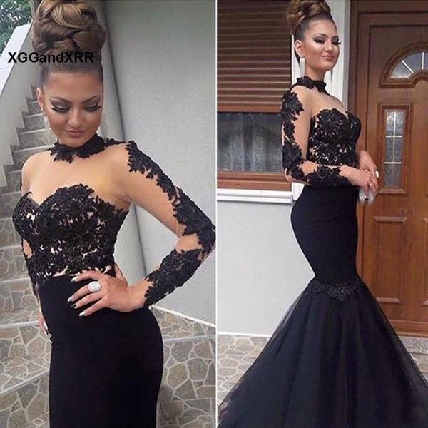 

элегантные длинные рукава черные вечерние платья потрясающие аппликациями длинным рукавом платье выпускного вечера mermaid 2019 формальные ж, White;black