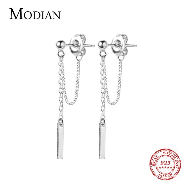 

modian new 3 color geometric line chain stud earring for women fashion genuine 925 sterling silver simple ear pin fine jewelry, Golden;silver
