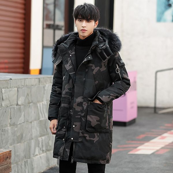 

camouflage down coat men -30 degrees thick winter 2019 new big real fur collar warm parka waterproof windproof jacket, Black
