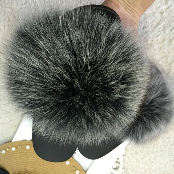 

real fur slippers women home fluffy sliders comfort with feathers furry summer flats sweet ladies shoes large size 45 home, Black