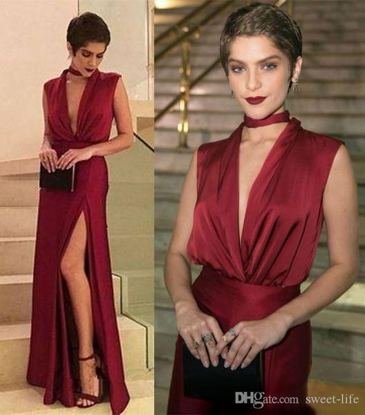 

dark red prom dresses deep v neck high side split floor length evening dress party gowns ogstuff vestidos de fiesta abendkleider, Black