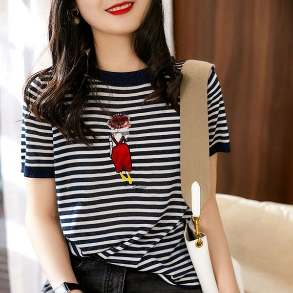 

ice silk stripe t-shirt female summer loose stripe cartoon pattern thin women short-sleeved top, White