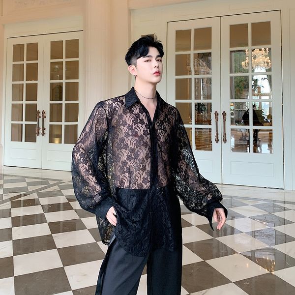 

мужчины свободные прозрачные органзы вышивка с длинным рукавом повседневная рубашка мужчины женщины старинные уличной хип-хоп рубашки сценич, White;black