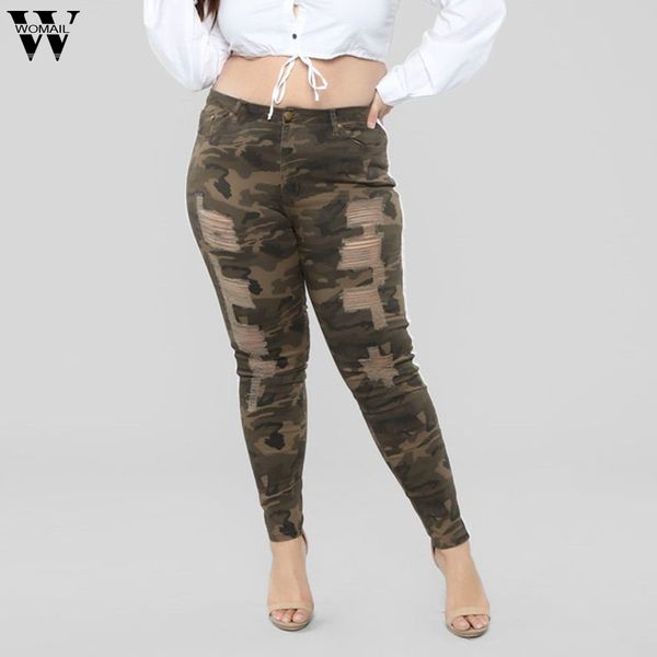 

womail fashion jeans for women mom plus size camouflage pants mid waist splice holes denim female jeans wash ripped pencil pant, Blue