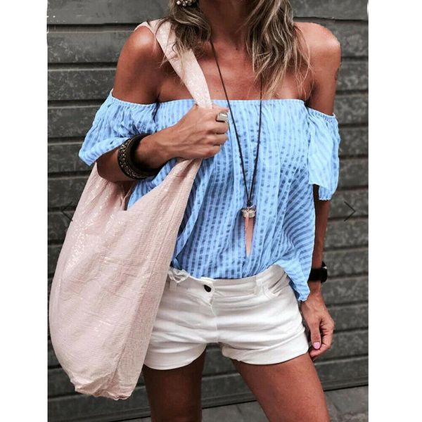 

hirigin summer casual women's off shoulder short sleeve shirt blouse loose striped blouse blusas mujer de moda 4 colors, White