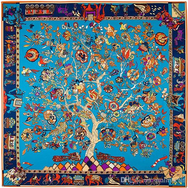 

франция квадратный дерево цветочный принт шарф женщин h платки платок женский синий большой саржевого шелковые шарфы, 130*130см, Blue;gray