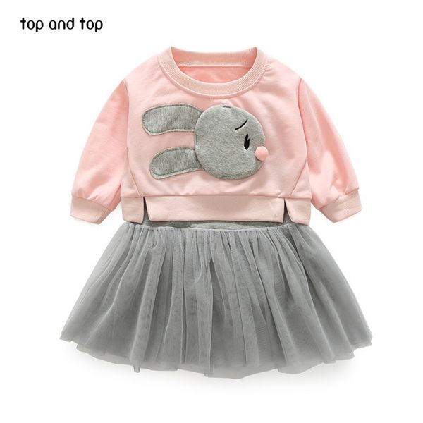 

and children girls clothing sets rabbit t shirt +vest lace dresses 2 pcs/sets fashion kids girl dress clothes suits t200526, White