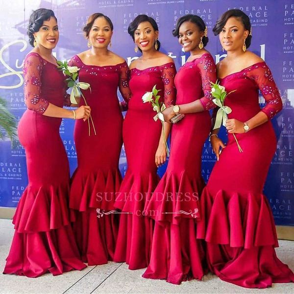 

african nigerian 2019 new fashion mermaid bridesmaid dresses off shoulder 3/4 sleeves beads wedding guest dress robes de fête vestidos, White;pink