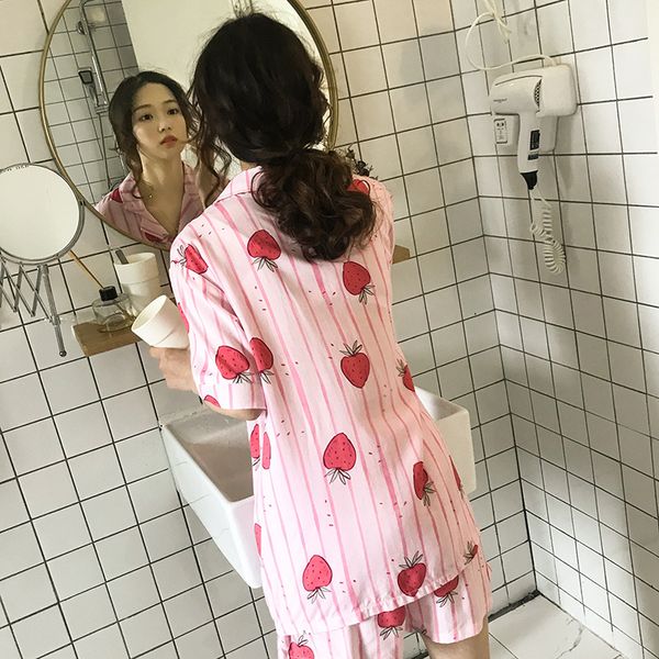 

strawberry housewear lady 2019 summer new cotton short sleeve short pants pajamas for women pyjamas turn-down collar pijama, Blue;gray