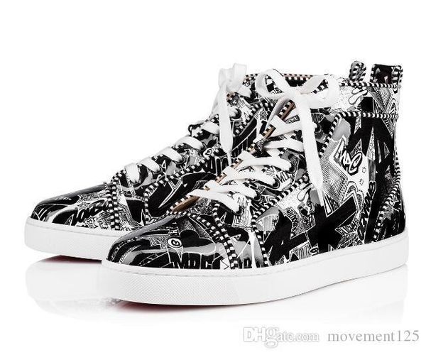 

2019 new season red bottom high cut orlato men's flat fashion sneakers black and white nicograf printed patent leather luxury sole red