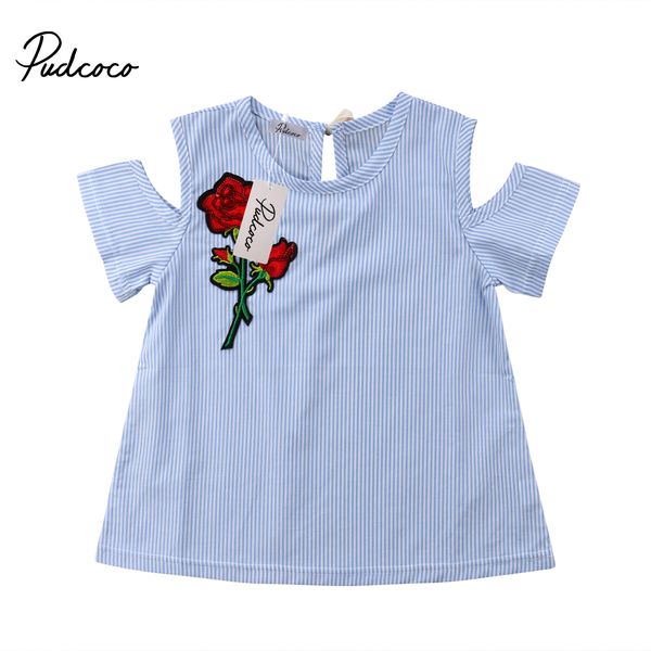 

Adorable Kids Baby Girls Blue Dress Off Shoulder Embroidery Floral Summer Sundress Short Sleeve Bustier Striped Dress Hot Sale
