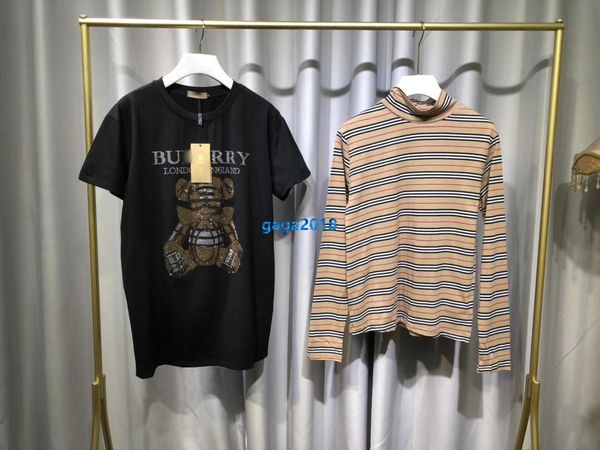 

высокого класса женщины девушки полосатый футболка горячей бурения медведь письмо экипаж шеи с коротким рукавом блузка футболка модный дизай, White