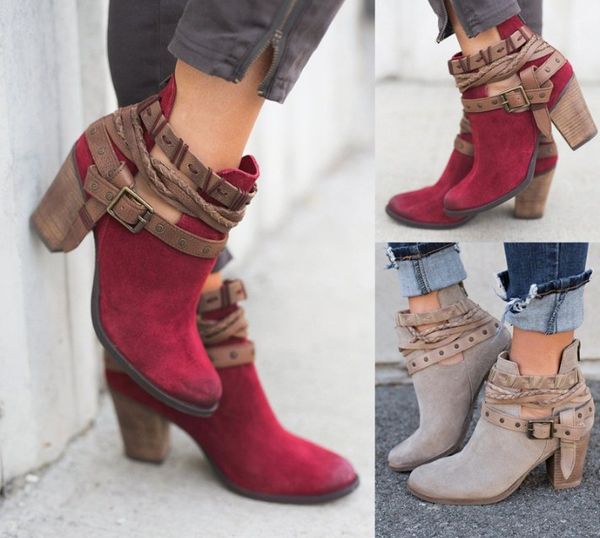 

women boot fashion casual ladies shoes martins boots suede leather buckle boots high heeled zipper snow shoes for femme, Black