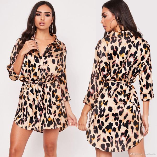 

leopard print shirt dress for women clothes designer single breasted buttlefly sleeves dresses, White;black