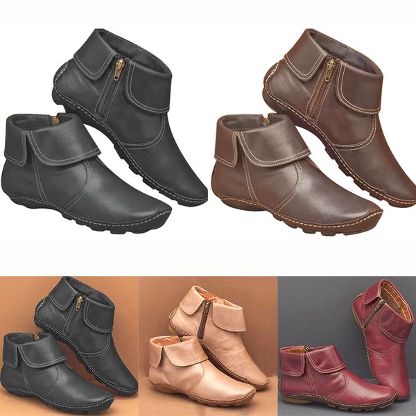 

female pu leather boots round toe side zipper warm water resistant casual booties botas mujer h66, Black