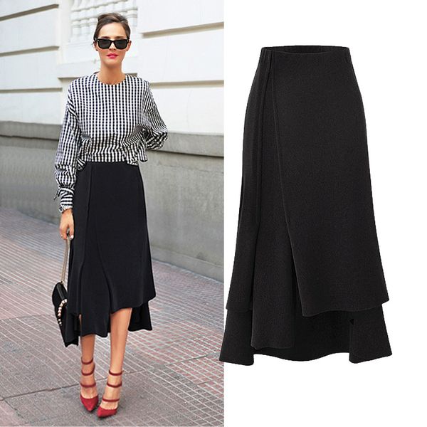 

spring new women high waist skirt long skirts black asymmetrical midi skirt plus size l -5xl