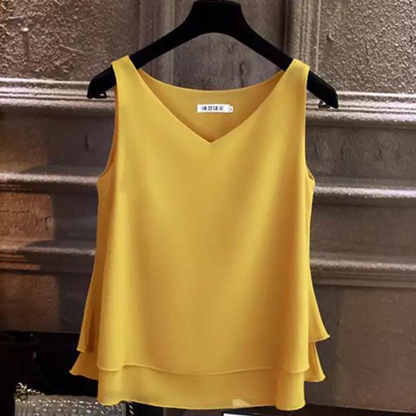 

2020 new fashion blouse women summer sleeveless chiffon blouse solid v-neck casual plus size 5xl loose womens and blouses, White