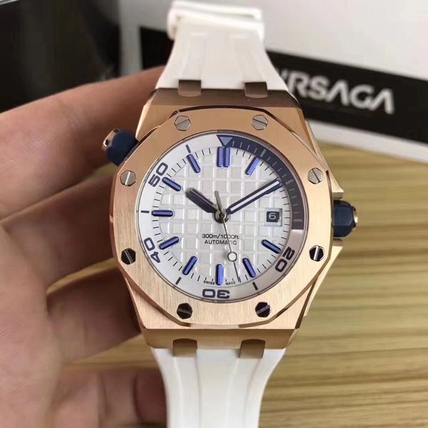 

2019 selling luxury watch rose gold stainless steel case with color rubber watchband automatic mechanical 15710st men wens watch watches, Slivery;brown
