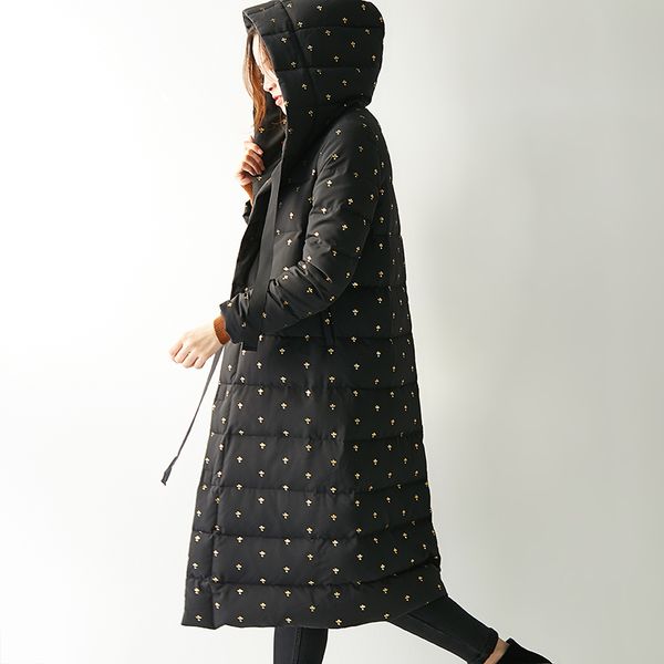 

winter down jacket women 95% white duck down long coat cartoon gold stamping coat 36-42, Black