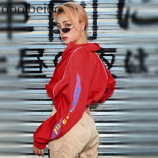 

aonibeier женщины письмо печати стоя воротник молния локомотив пальто весна осень сокращение талии короткие толстовка спортивный костюм, Black;brown