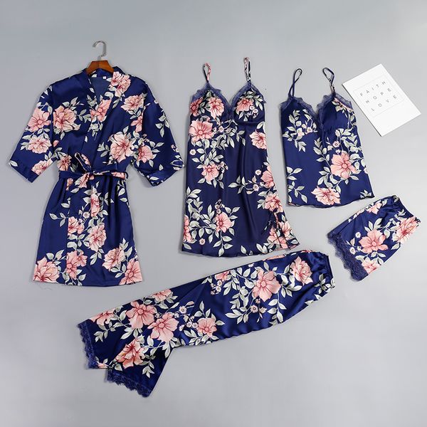 

5 pieces ladies silk satin sleepwear set robe+nightdress+slip shorts+pant floral robe set, Black;red