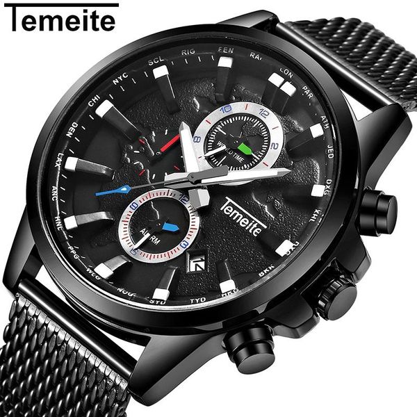 

temeite special magnesium luxury men's watch three eyes six hands sports quartz watch ebay calendar waterproof mesh strap watch, Slivery;brown