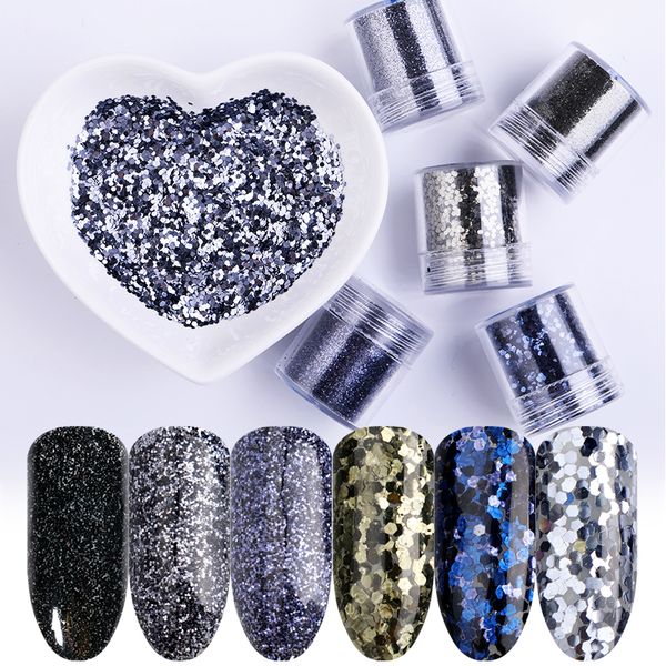 

1 box shining nail sequins gray series black mixed-size nails flakies paillette 3d nail art decoration in box 8 patterns, Silver;gold