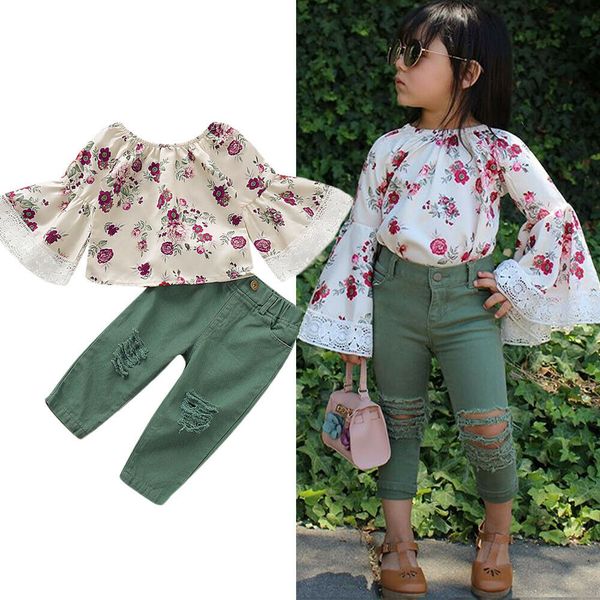 

1-6y 2pcs toddler kids baby girl clothes sets long lace flare sleeve floral t-shirt +ripped jeans pants outfit clothes, White