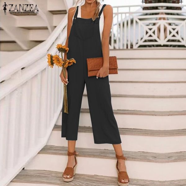

strap jumpsuits 2019 zanzea plus size women's linen overalls vintage cropped pants rompers female button backless playsuits 5xl, Black;white