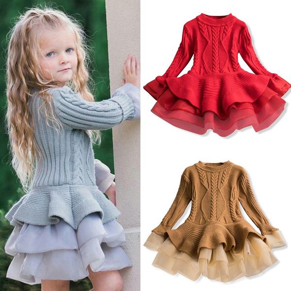 

autumn girls winter dress fashion girls princess long sleeves knitted sweater tutu dress christmas kids dresses for dress girls, Red;yellow