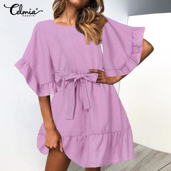 

богемский женщины платье партии celmia 2020 summer sundress повседневный сыпучие sexy оборками solid belted vestidos robe mujer плюс размер, Black;pink