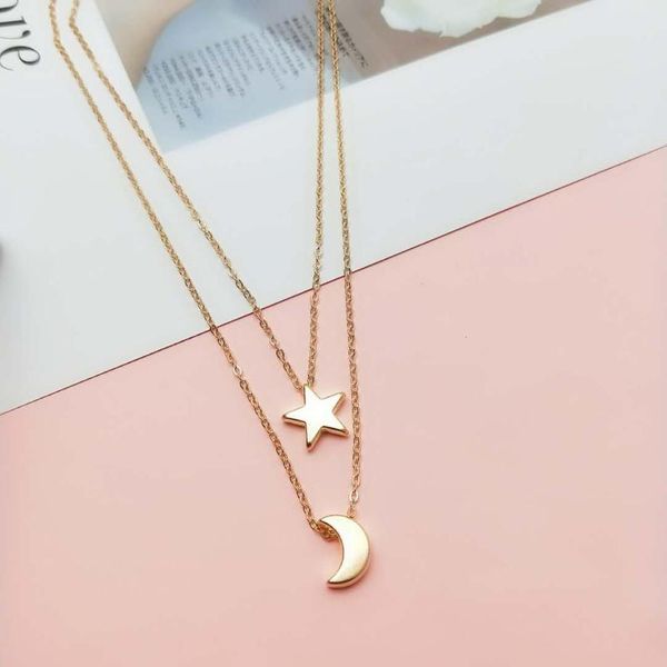 

trendy women necklaces gold color plating good quality star and moon pendant layered necklace, Silver