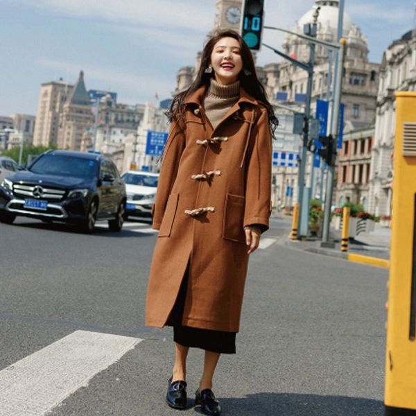

horn button hooded women long cashmer coat loose women's woolen jacket pockets office lady solid coat and jacket, Black