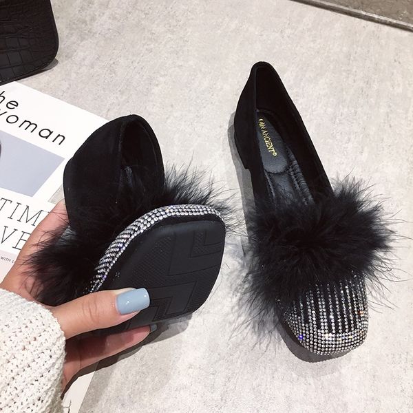 

women flats shoes shallow slip-on square-toe crystal flats spring autumn ladies boat shoes soft comfortable loafers pumps, Black