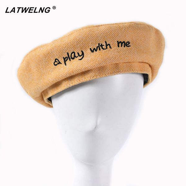 

play with me embroidered women beret female navy style painter hat streetwear artist caps new autumn winter korean cap 56cm size, Blue;gray