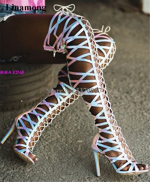 

ladies open toe thin straps cross over knee thin heel gladiator boots cut-out lace-up long high heel boots club shoes, Black