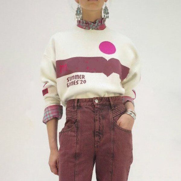 

2020 spring summer wine red rose multicolor sew colorblock letter knitting round o neck long sleeve women's sweater, White;black