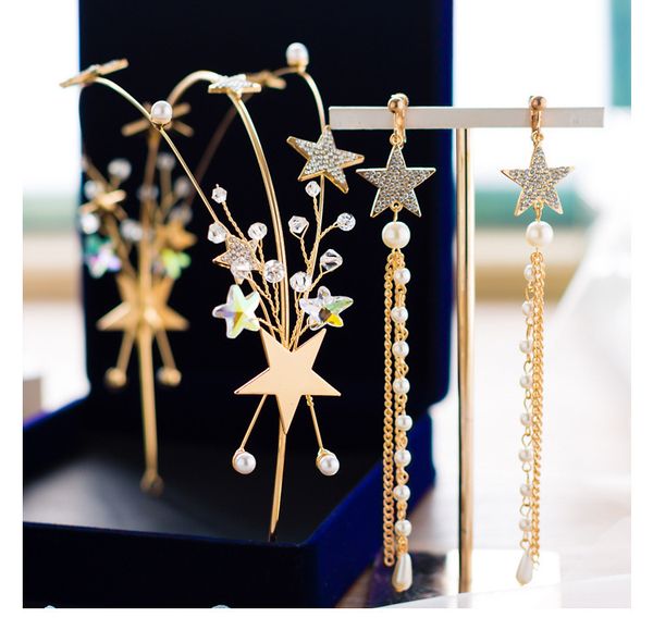 

bride headwear golden stars hair hoop earrings suit concise korean marry exceed xian li clothing accessories, Silver