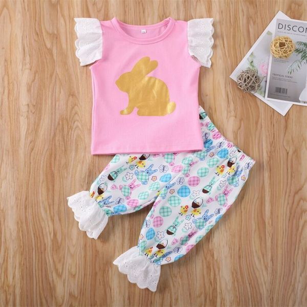 

toddler kids baby girls clothes sets 0-3y rabbit print ruffles sleeve t-shirt +short pants summer outfits, Pink;blue