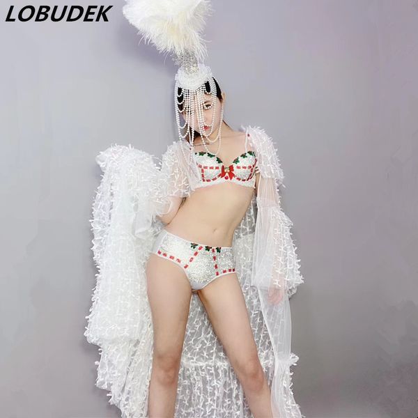 

stage wear bar nightclub women leading dance costume shiny rhinestones bikini mesh feather cloak beads headdress set christmas outfit, Black;red